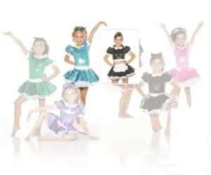 Girls modeling colorful shiny dance costumes, including black-and-white maid outfit
