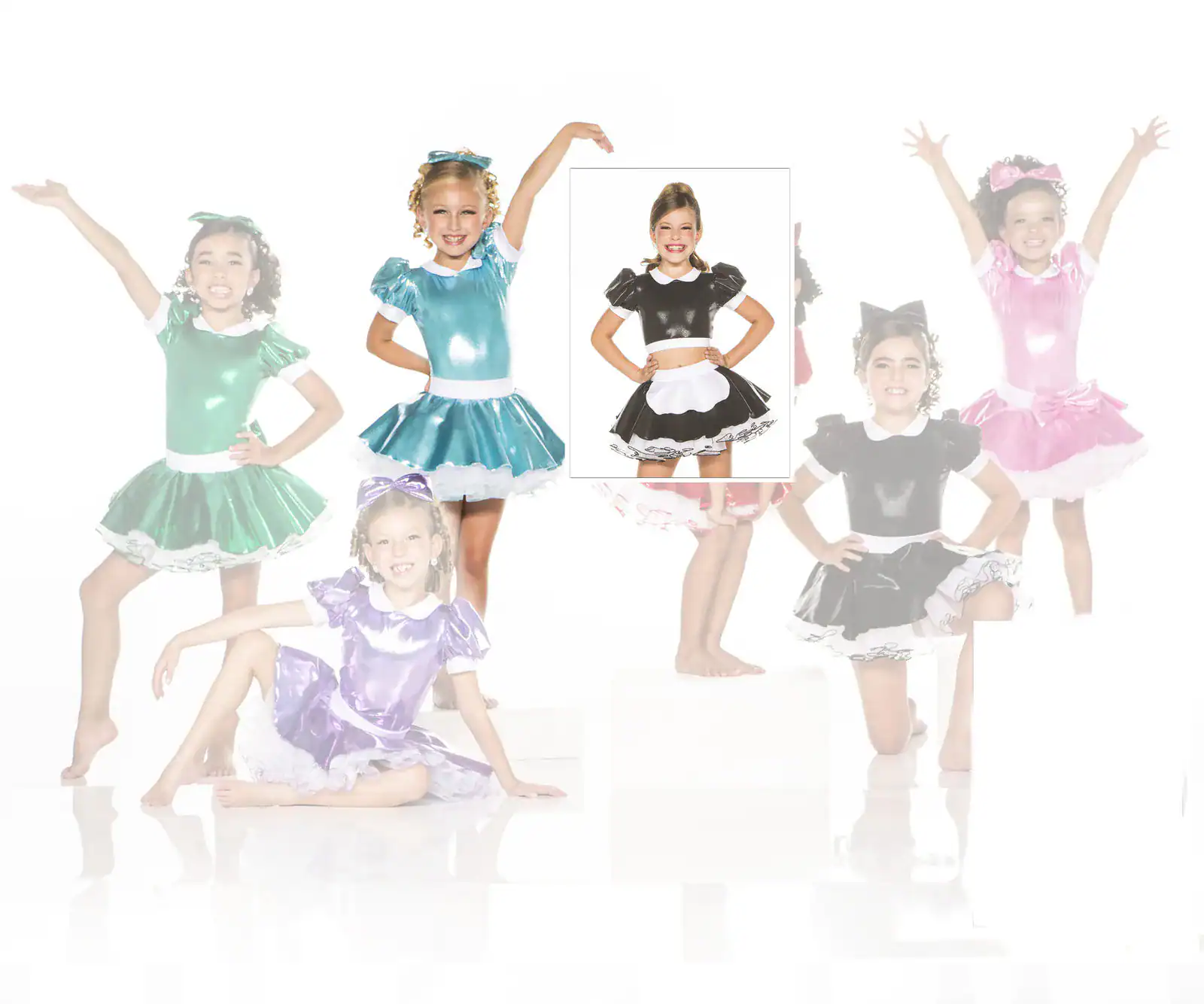 Girls modeling colorful shiny dance costumes, including black-and-white maid outfit