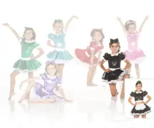 Young dancers in colorful shiny costumes posing together.