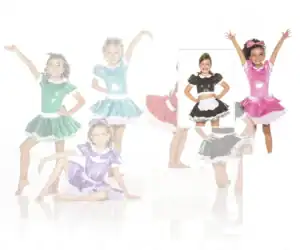 Girls modeling colorful dance costumes, with black costume inset