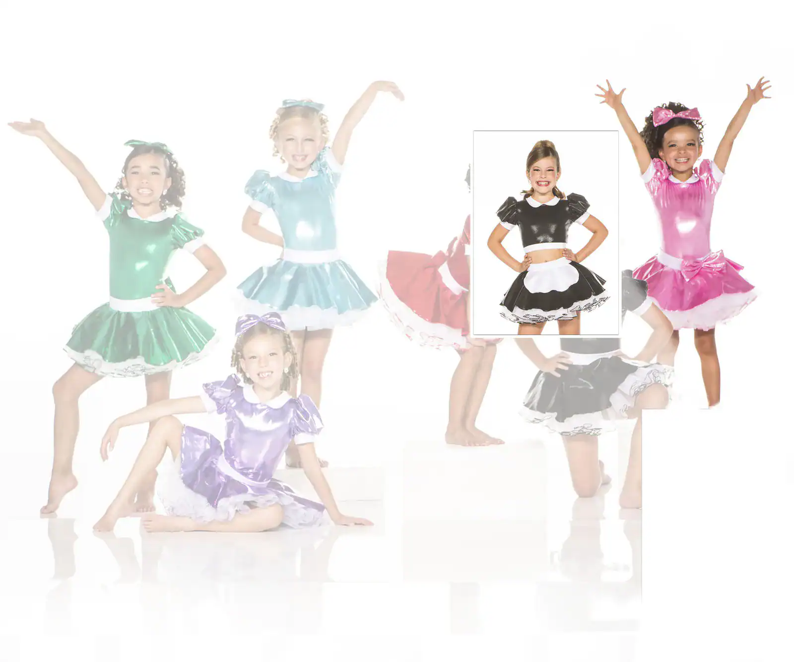 Girls modeling colorful dance costumes, with black costume inset
