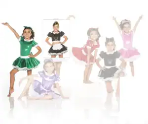 Girls modeling colorful shiny dance costumes against white background