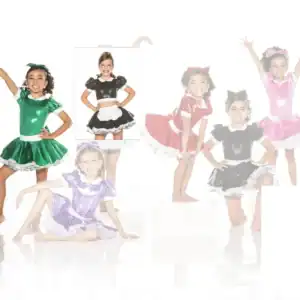 Girls modeling colorful shiny dance costumes against white background