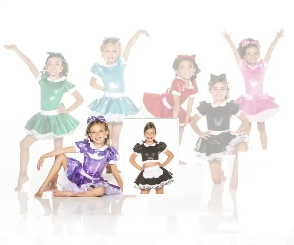 Girls modeling colorful shiny dance costumes against white background