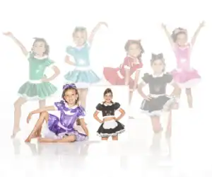 Girls modeling colorful shiny dance costumes against white background