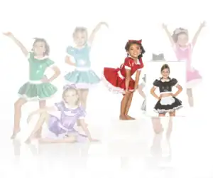Girls modeling colorful dance costumes against a white background