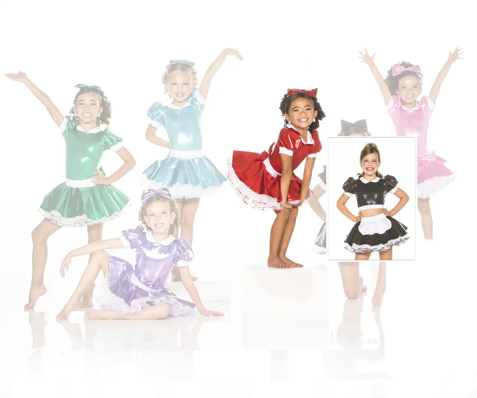 Girls modeling colorful dance costumes against a white background