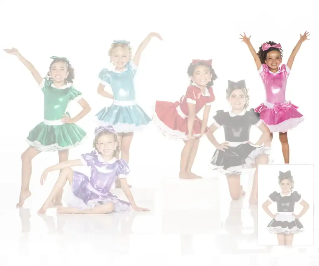 Children posing in colorful shiny dance costumes