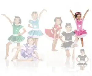 Children posing in colorful shiny dance costumes