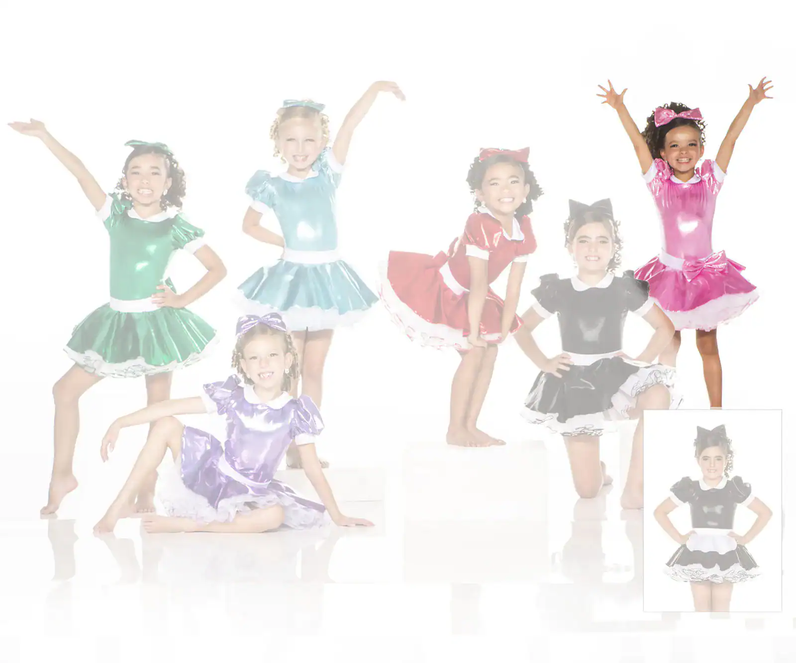 Children posing in colorful shiny dance costumes