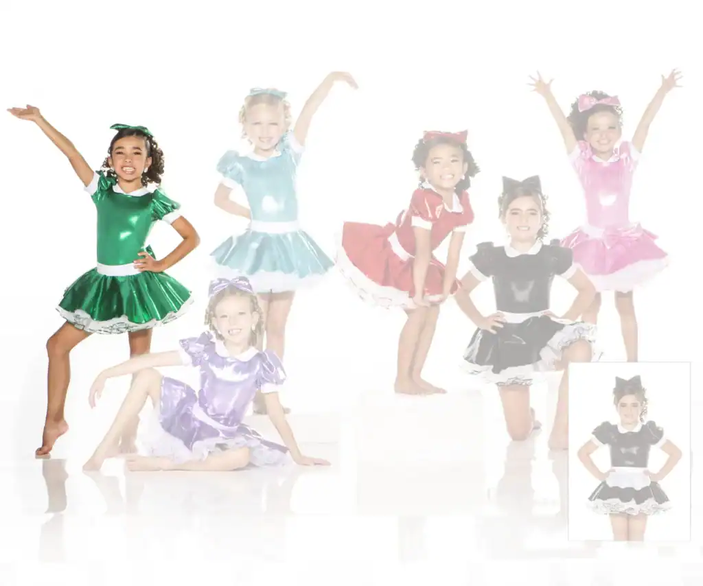 Six young dancers in colorful shiny costumes posing