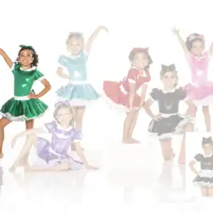 Six young dancers in colorful shiny costumes posing