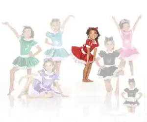 Young girls modeling colorful satin dance costumes