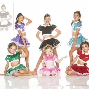 Girls modeling colorful shiny dance costumes on white background