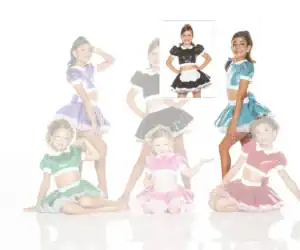 Girls modeling colorful satin dance costumes
