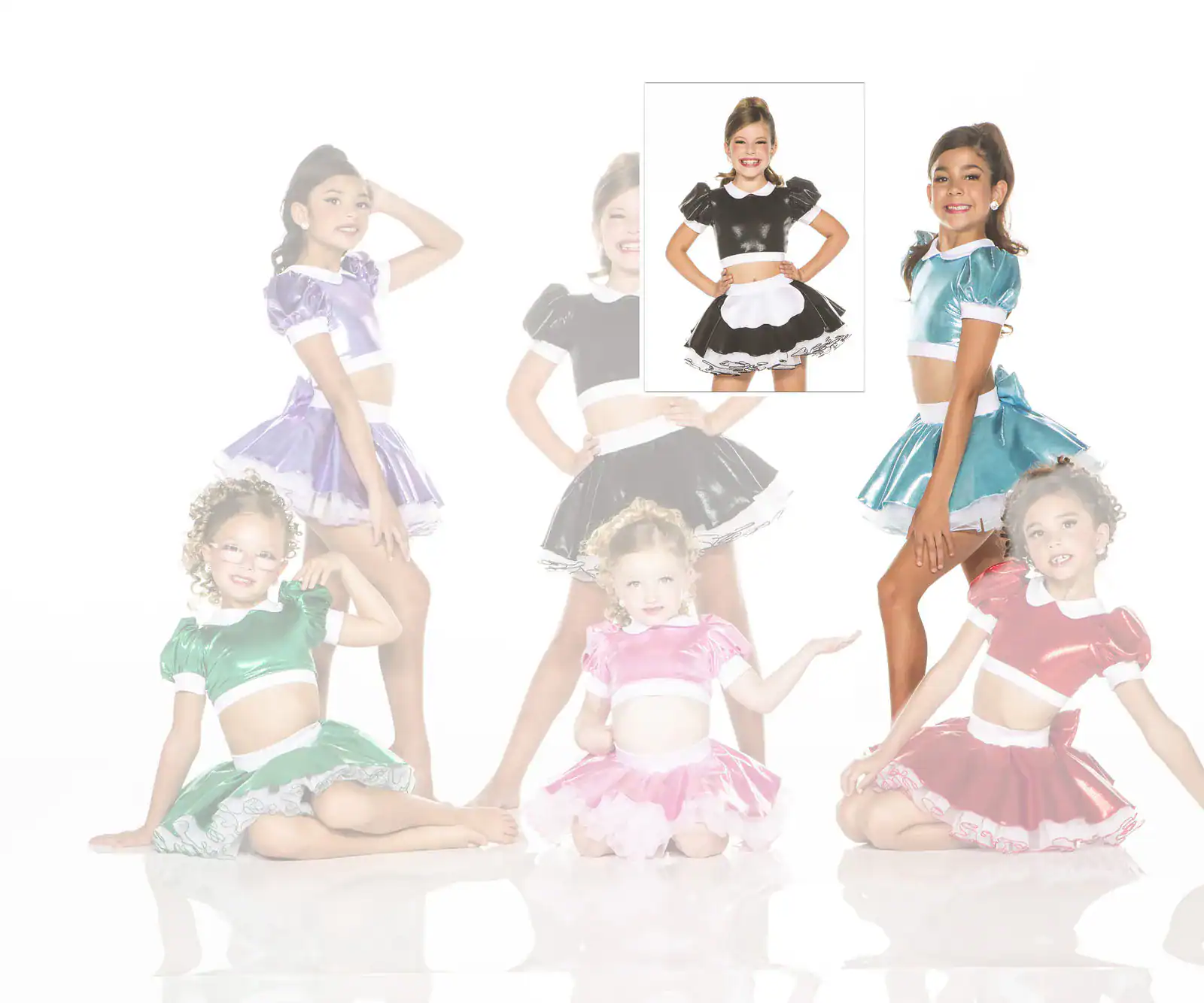 Girls modeling colorful satin dance costumes