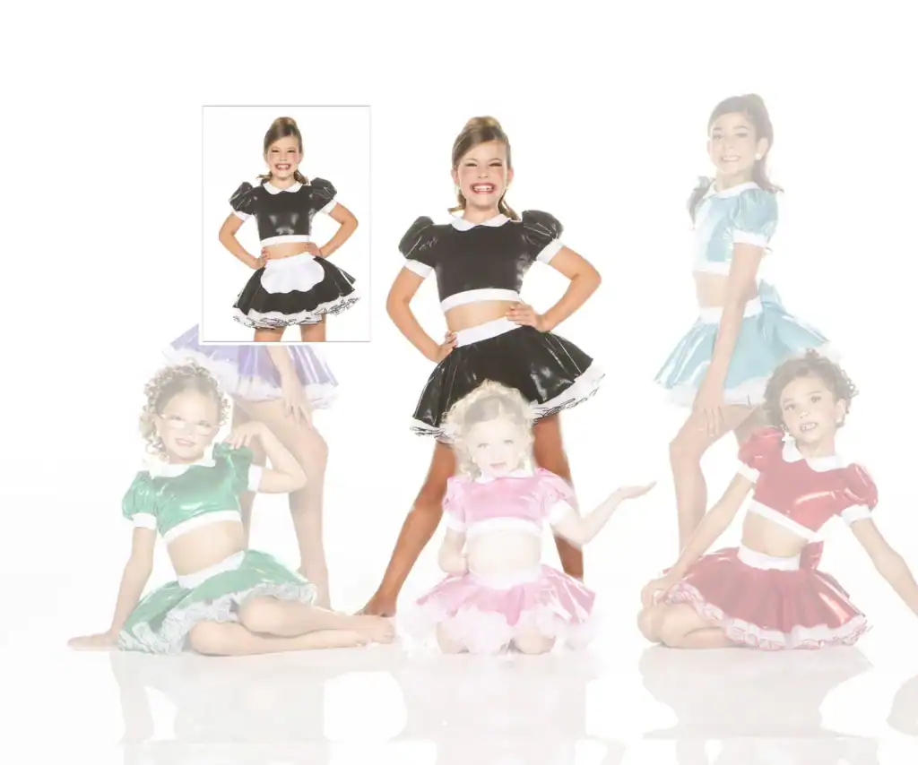 Girls modeling colorful shiny dance costumes on a white background