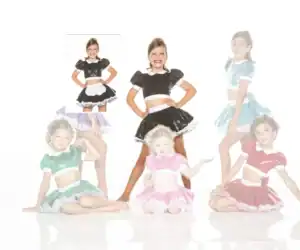 Girls modeling colorful shiny dance costumes on a white background