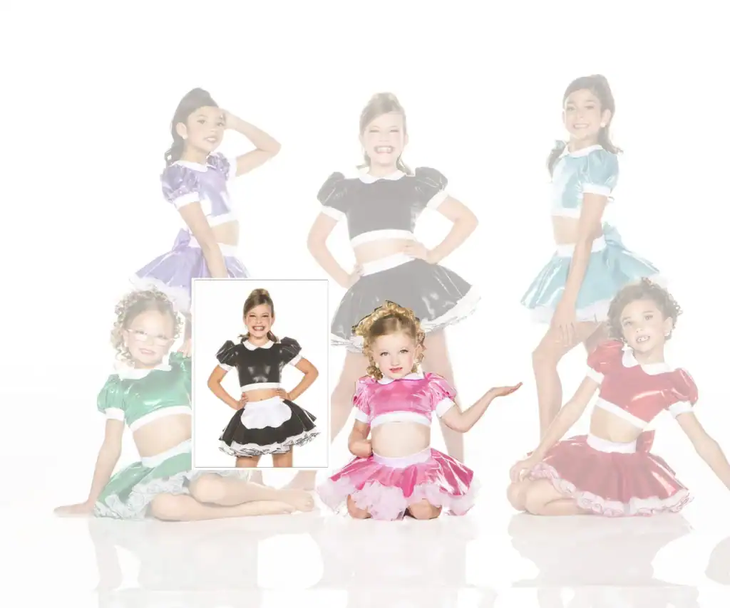 Six girls modeling colorful shiny dance costumes
