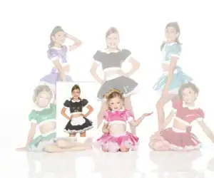 Six girls modeling colorful shiny dance costumes