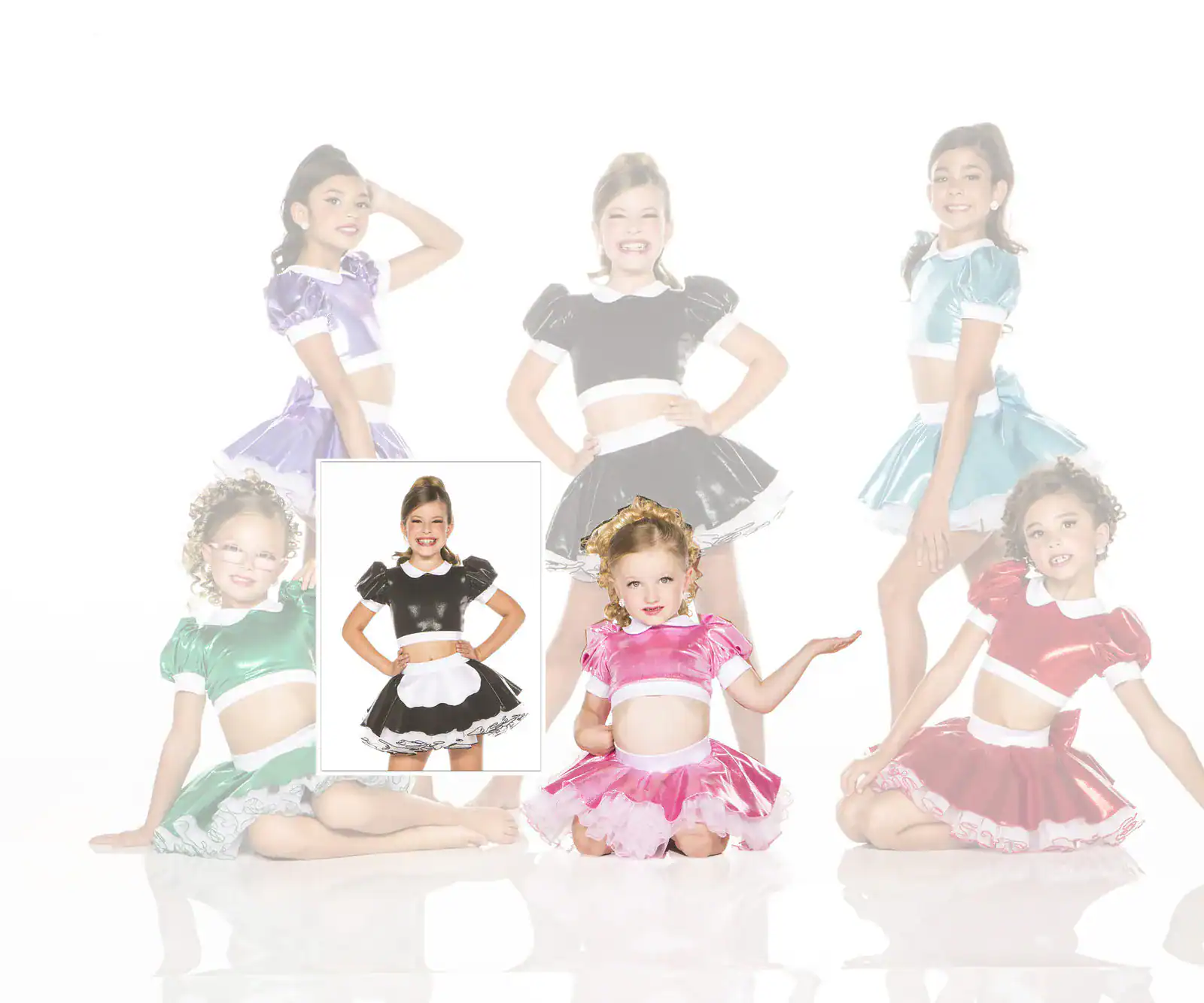 Six girls modeling colorful shiny dance costumes