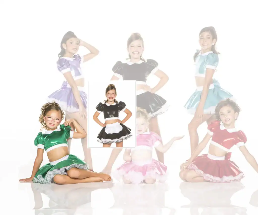 Girls modeling colorful shiny dance costumes with puffed sleeves