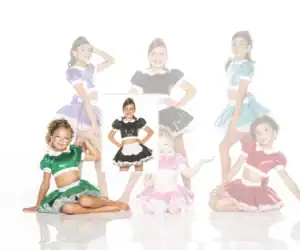 Girls modeling colorful shiny dance costumes with puffed sleeves