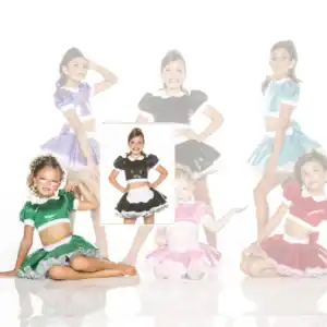 Girls modeling colorful shiny dance costumes with puffed sleeves