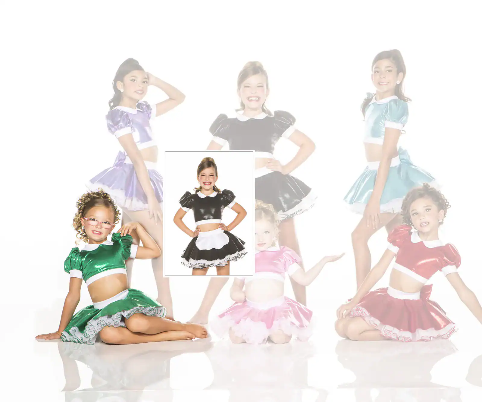 Girls modeling colorful shiny dance costumes with puffed sleeves