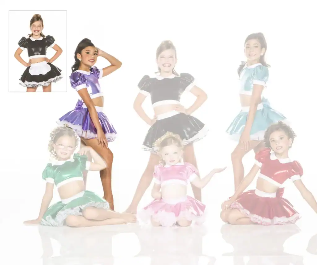 Girls modeling colorful metallic dance costumes