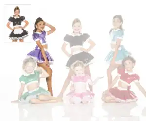 Girls modeling colorful metallic dance costumes