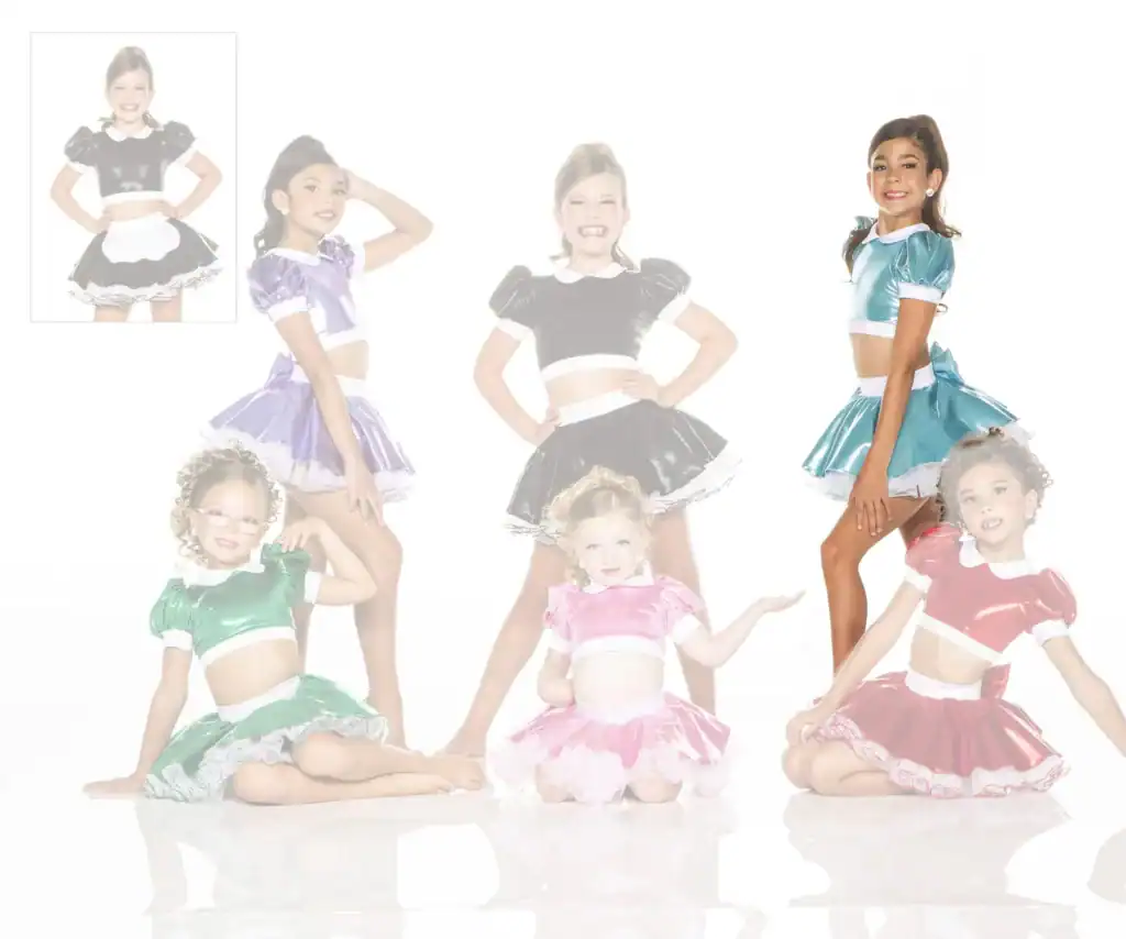Girls modeling colorful shiny dance costumes on white background