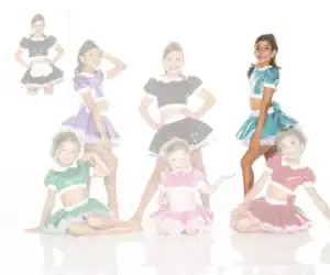 Girls modeling colorful shiny dance costumes on white background