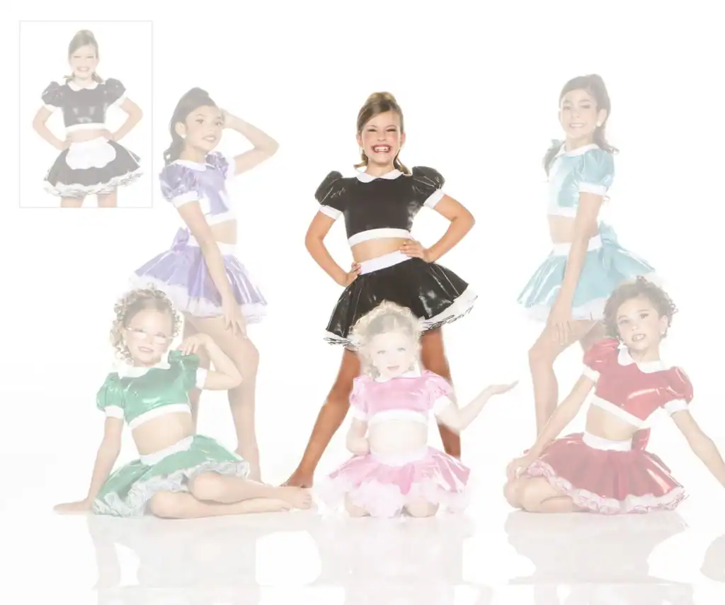 Girls modeling colorful shiny dance costumes on white background