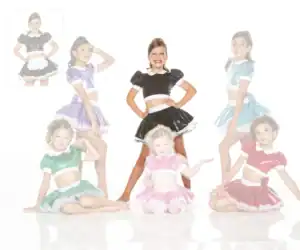Girls modeling colorful shiny dance costumes on white background