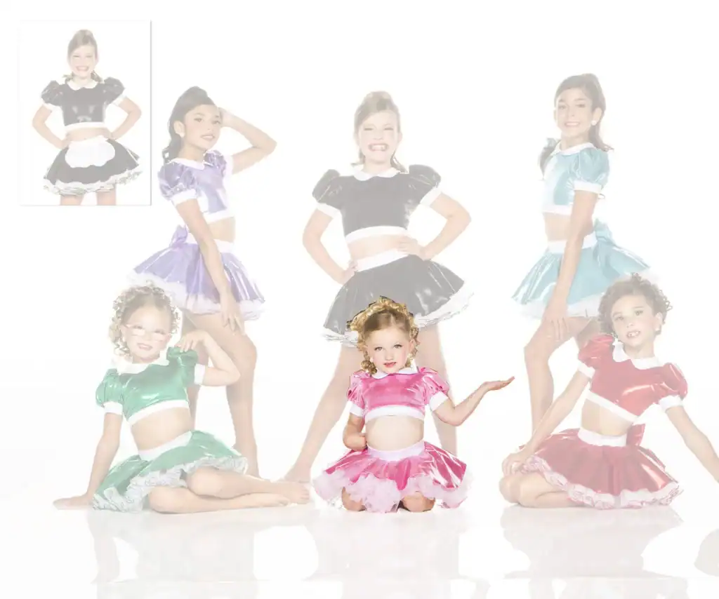 Girls modeling colorful shiny dance costumes