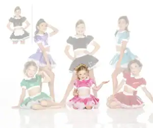 Girls modeling colorful shiny dance costumes
