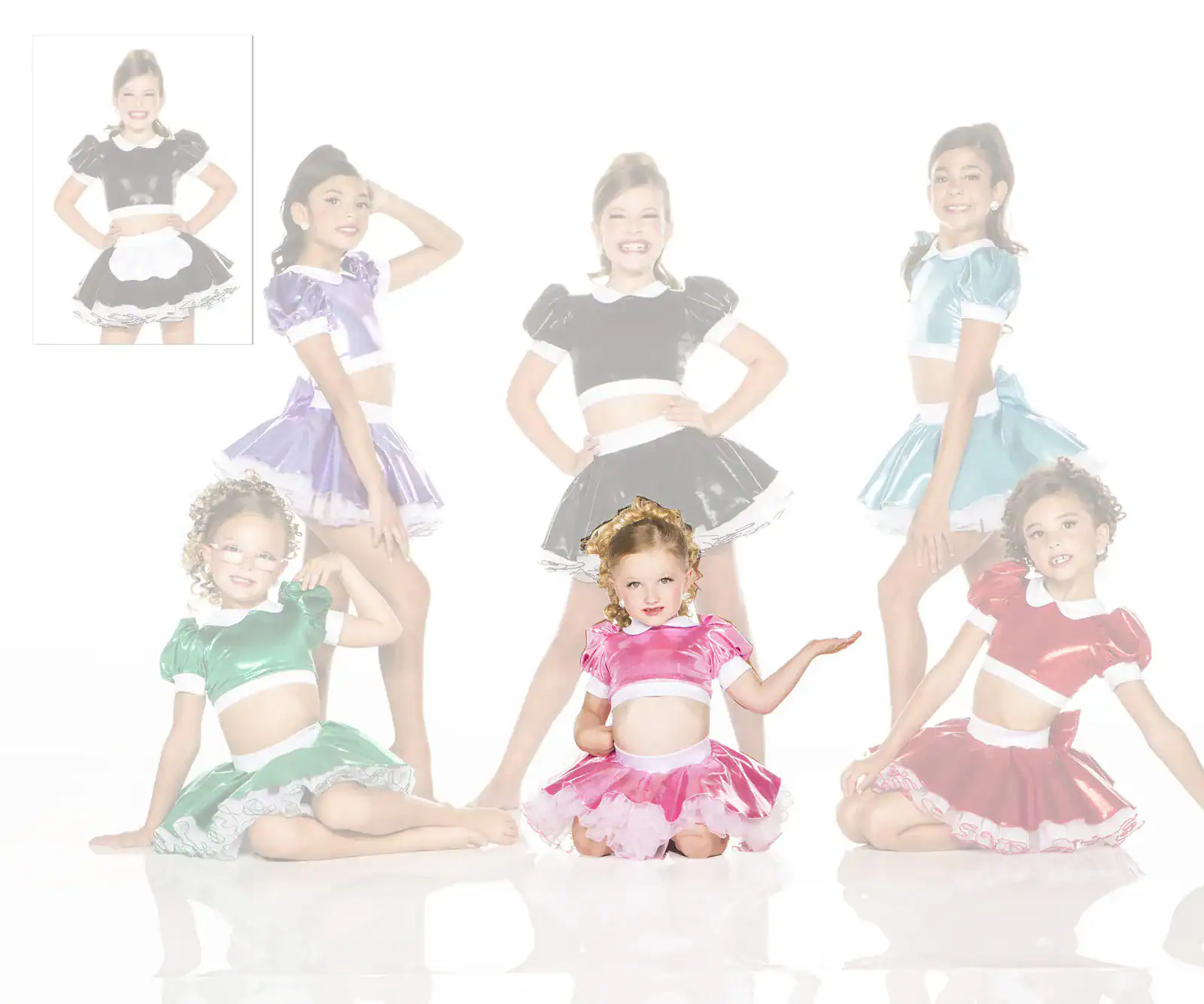 Girls modeling colorful shiny dance costumes
