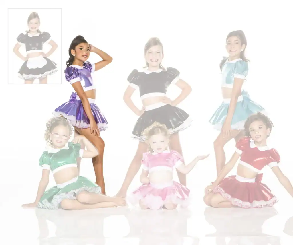 Six girls wearing colorful shiny dance costumes pose together