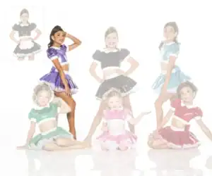 Six girls wearing colorful shiny dance costumes pose together