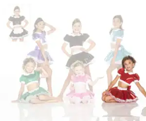 Girls modeling colorful shiny dance costumes on white background