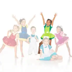 Six children posing in colorful glitter dance costumes