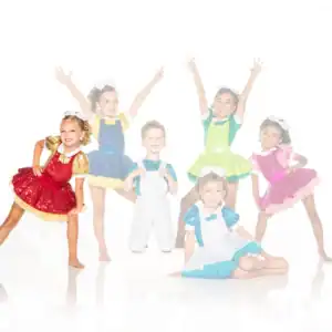 Six children in colorful sequined dance costumes pose together.