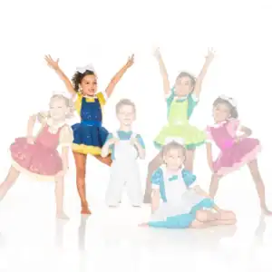 Six children posing in colorful sparkling dance costumes