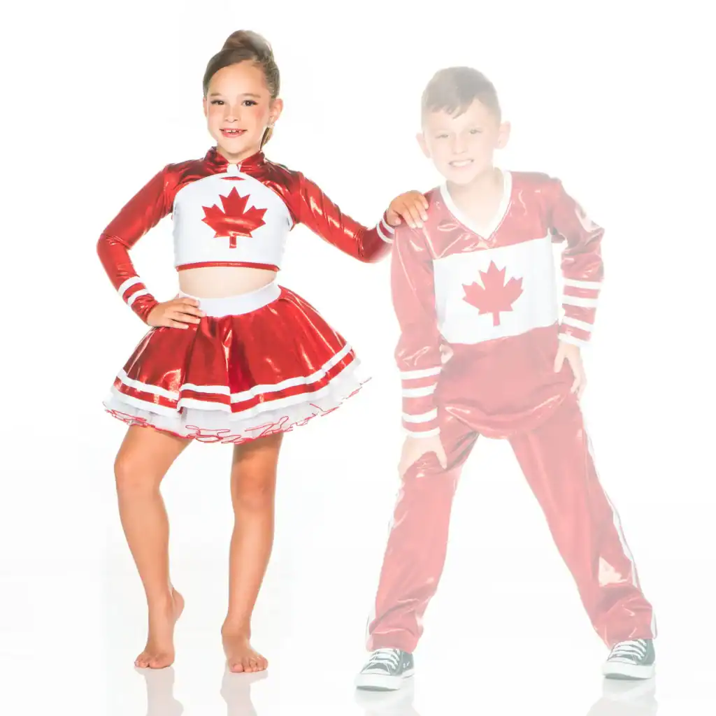 Children wearing red Canadian maple leaf costumes