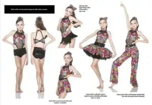 Girl modeling colorful mosaic-pattern dance costume with styling options