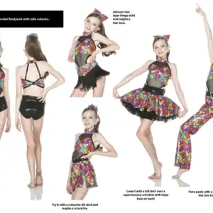 Girl modeling colorful mosaic-pattern dance costume with styling options