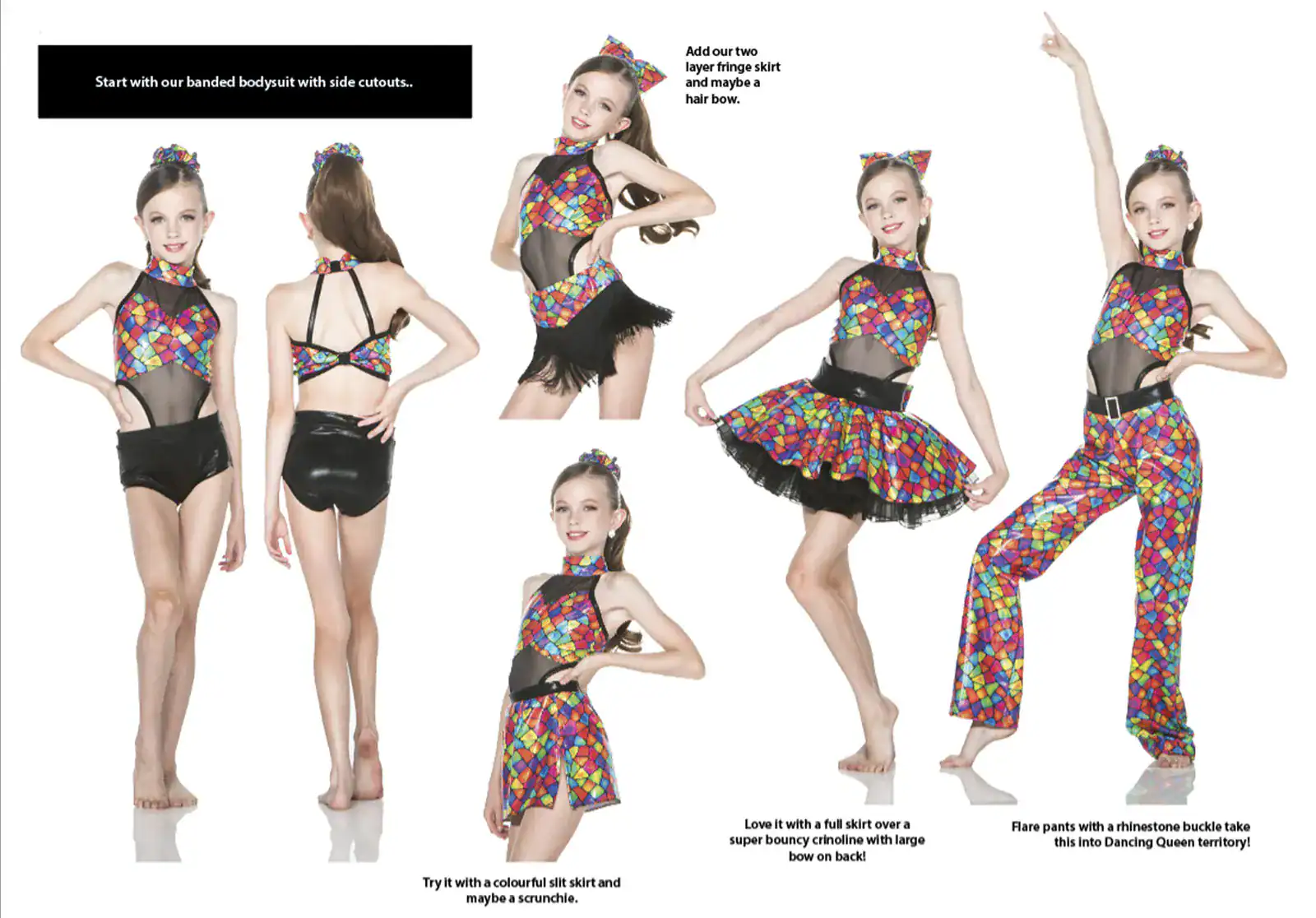 Girl modeling colorful mosaic-pattern dance costume with styling options