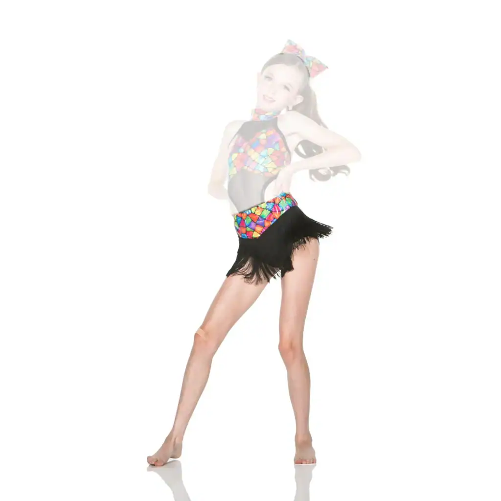Young dancer wearing a colorful mosaic costume with black fringe