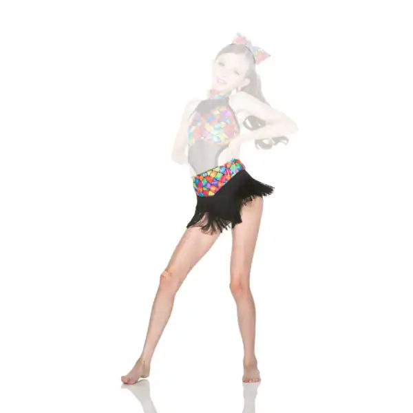 Young dancer wearing a colorful mosaic costume with black fringe